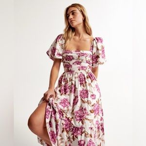 Abercrombie & Fitch Women’s Emerson Poplin Puff Sleeve Midi Dress in pink/purple